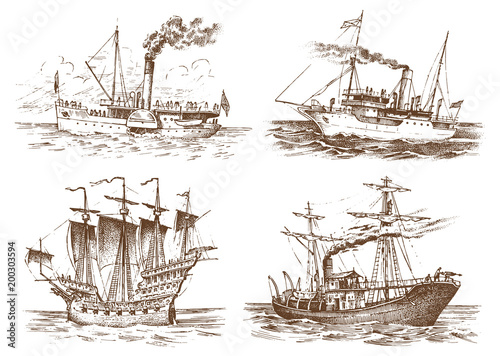 Motor ship in the sea, summer adventure, active vacation. Seagoing vessel with steam smoke from the pipe, nautical sail, marine boat. water transport in the ocean. engraved hand drawn in vintage style
