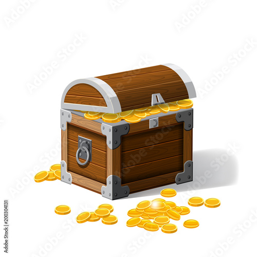 Piratic trunk chests with gold coins treasures. . Vector illustration. Catyoon style, isolated
