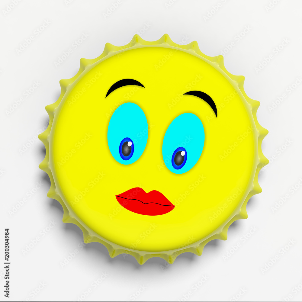 Female emoticon on a yellow beer cap isolated on white background, top view. 3d illustration