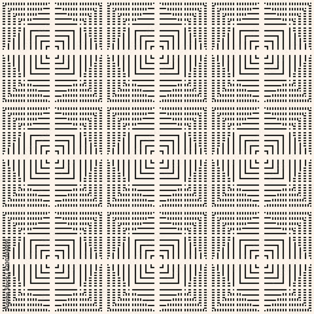 Vector black and white geometric seamless pattern with lines, squares, grid