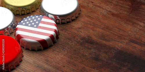 Beer cap with USA flag on wooden background, copy space. 3d illustration © Rawf8
