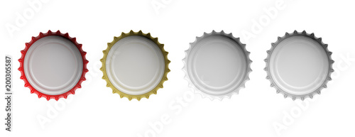 Colorful beer caps isolated on white background, top view, banner. 3d illustration