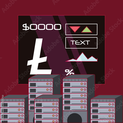 litecoin stock market and data servers over red background, colorful design. vector illustration