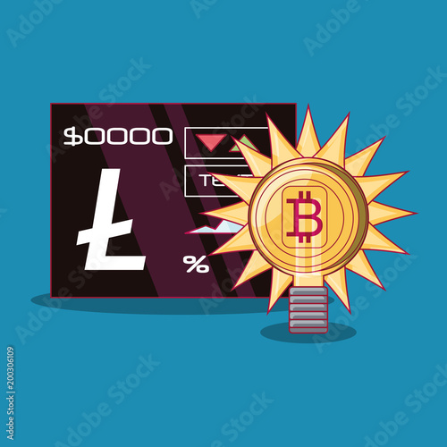 litecoin stock market and bulb with bitcoin symbol over blue background, colorful design. vector illustration