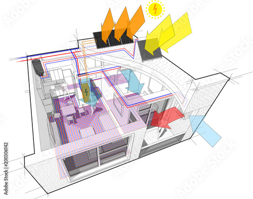 apartment with floor heating and central heating pipes as source of heating energy energy with additional solar water heating panels and photovoltaic panels and with with indoor wall air conditioning