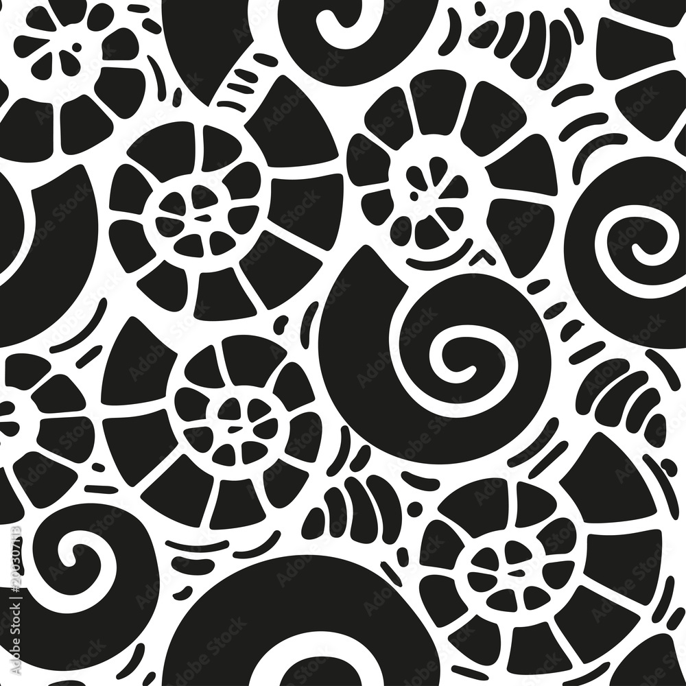 Abstract seamless pattern. Hand drawn illustration of beige snail shell.  Doodle style. White background. For fabric,cloth,prints,textile,decorations,design.  Vector illustration. Stock Vector | Adobe Stock