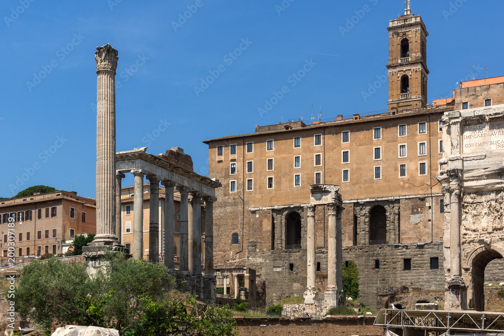Panoramic view of Roman Forum and Capitoline Hill in city of Rome, Italy