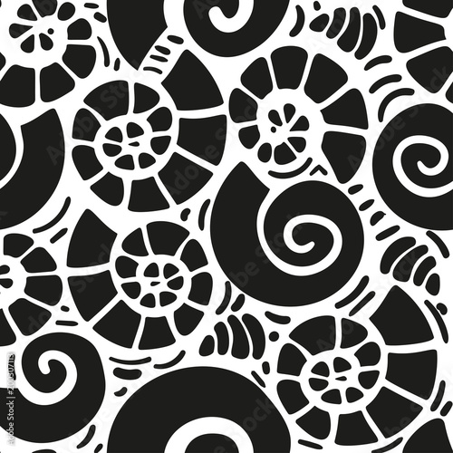 Abstract seamless pattern. Hand drawn illustration of beige snail shell. Doodle style. White background. For fabric cloth prints textile decorations design. Vector illustration.