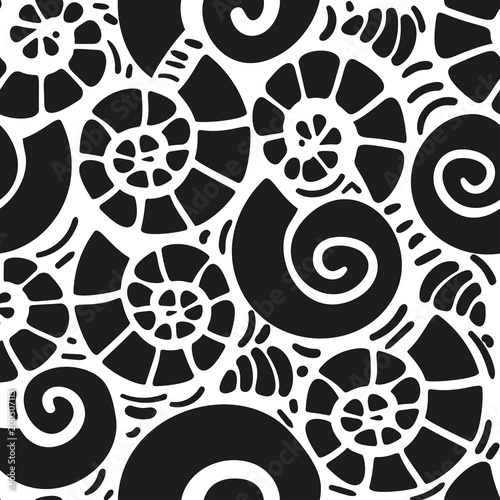 Abstract seamless pattern. Hand drawn illustration of beige snail shell. Doodle style. White background. For fabric,cloth,prints,textile,decorations,design. Vector illustration.