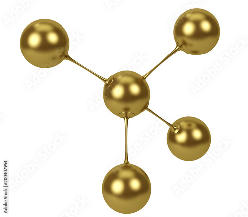 3d rendering illustration. Gold polished molecule model abstract concept. Molecular shape isolated on white background.