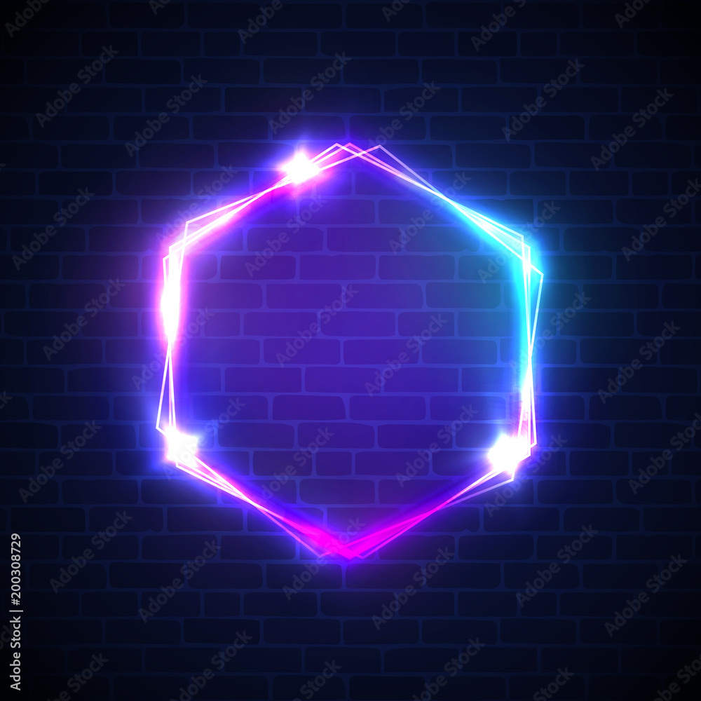 Glowing sign with neon lights on dark brick wall background. 3d hexagon ...
