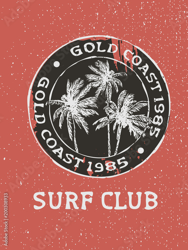 Surf club surfer stamp with hand drawn palm trees