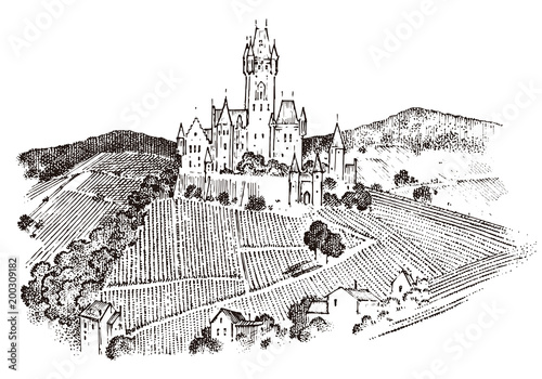 Castle on a hill. Ancient Landscape for the label. Engraved Hand drawn sketch in vintage victorian style. Travel to Europe to the historic building.