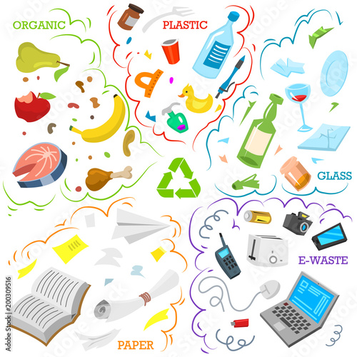 Recycling garbage elements. Sorting and Utilize food waste, metal, paper, plastic, battery, glass, organic. Ecology symbol. Segregation Separation and Industry management concept. disposal refuse bin.