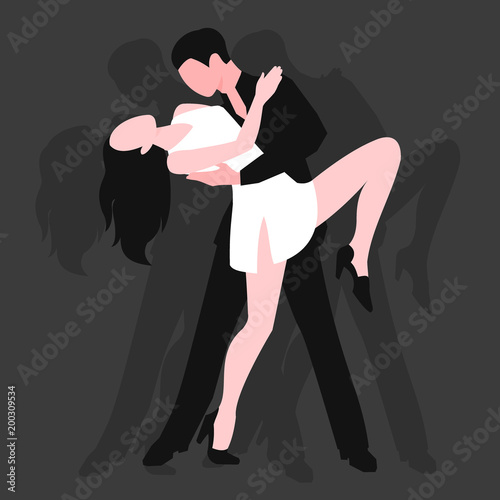 Couples dancing latin american romantic person and people dance man with woman ballroom entertainment together tango pose beauty vector illustration.