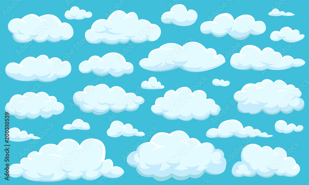 Naklejka Zestaw chmur o różnych kształtach na niebie dla projektu strony internetowej, interfejsu użytkownika, aplikacji. Meteorologia i atmosfera w kosmosie.