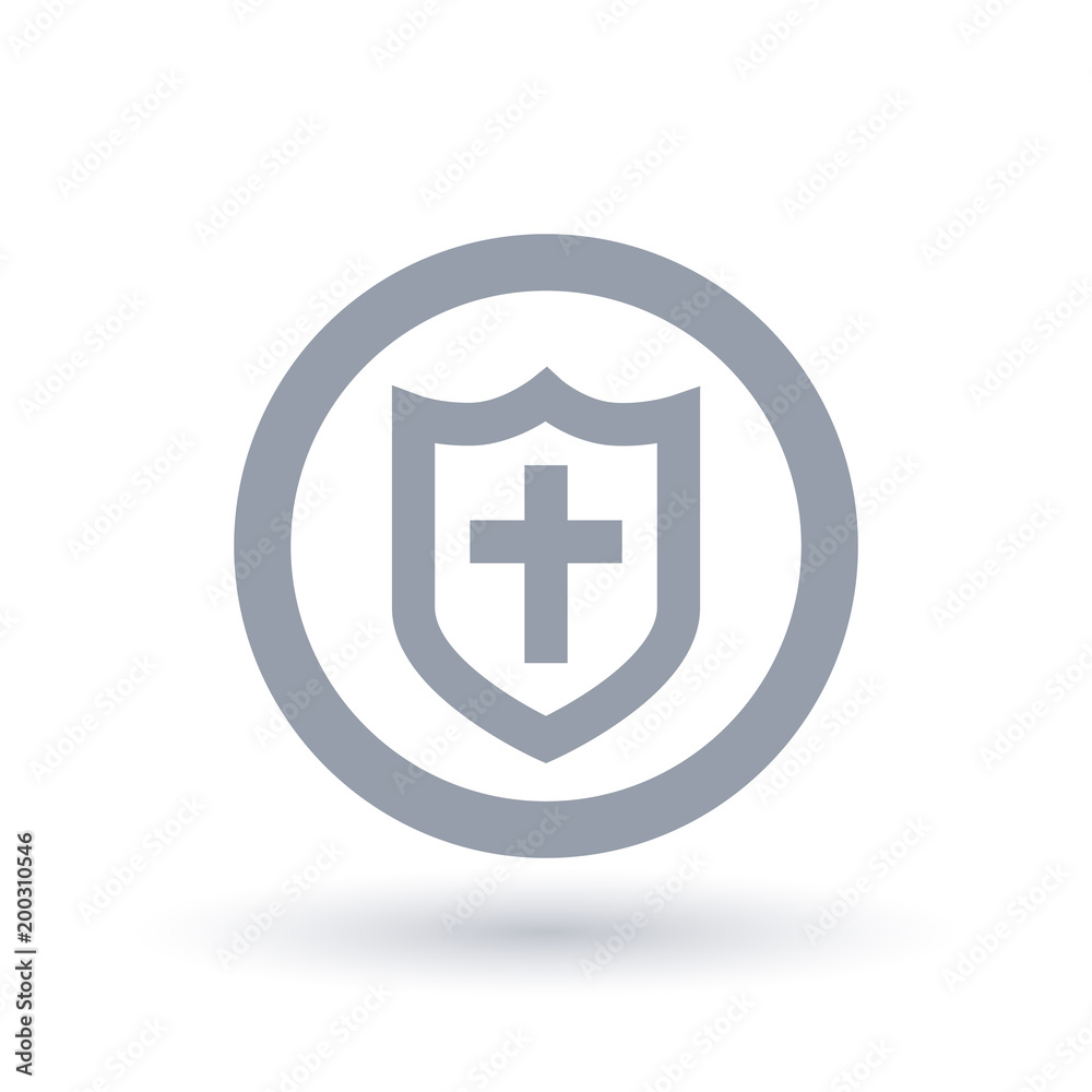 Shield of salvation icon. Armor of God symbol. Christian church faith sign with cross and protective guard in circle outline. Vector illustration. Shield of salvation icon. Armor of God symbol. Christian church faith sign with cross and protective guard in circle outline. Vector illustration.