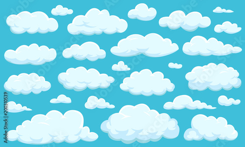 Fototapeta Naklejka Na Ścianę i Meble -  Set of clouds of different shapes in the sky for your web site design, UI, app. Meteorology and atmosphere in space.