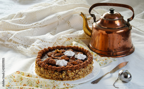 cake made of Shortcrust pastry layers and chocolate  butter cream, soviet cake Leningradskiy photo