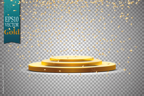 
Golden podium with a spotlight on a dark background, with candy, sparkles. First place, fame and popularity. Vector illustration
