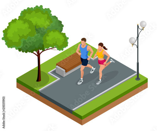 Isometric young woman and man runners running on a city park. Sportive people training in an urban area, healthy lifestyle and sports concepts.