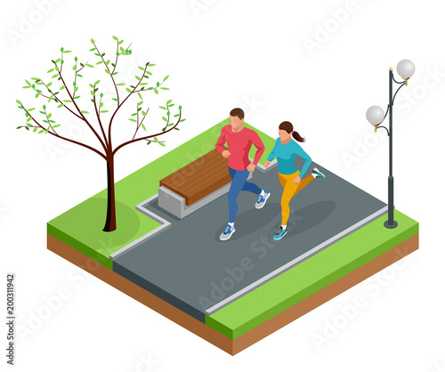 Isometric young woman and man runners running on a city park. Sportive people training in an urban area, healthy lifestyle and sports concepts.