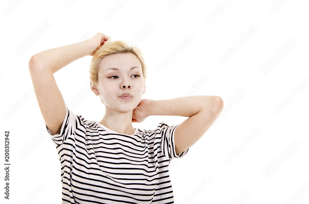 Young woman in striped tee shirt. Young woman in striped tee shirt.