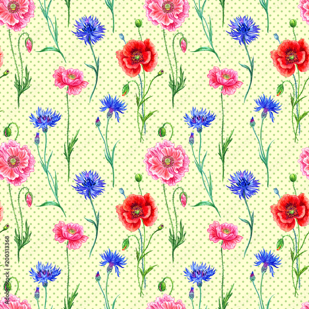 Seamless pattern of poppies and cornflowers on background polka dots, watercolor.