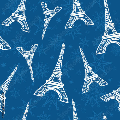 Vector Blue Eifel Towers and Flowers Seamless Repeat Pattern. Perfect for tra...