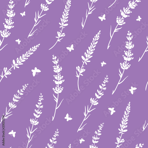 Lavender butterflies repeat pattern background. Beautiful violet lavender ret...