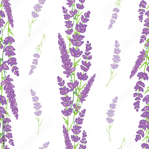 Lavender bouquets borders seamless pattern. Beautiful violet lavender flowers retro background and borders. Elegant fabric on light background. Surface pattern design.