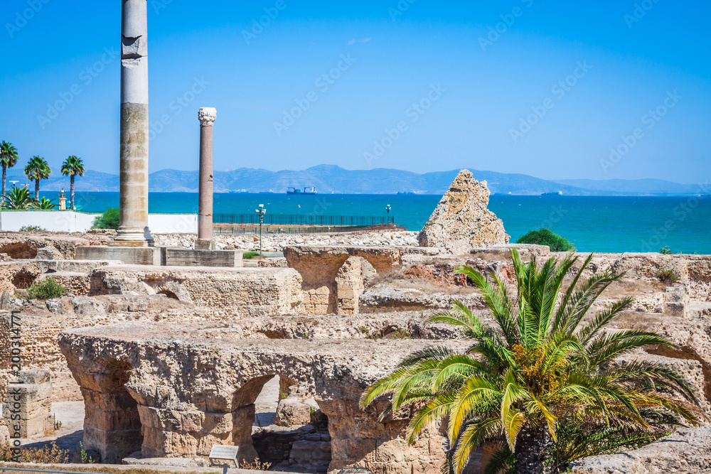 Ancient ruins at Carthage, Tunisia with the Mediterranean Sea in the background