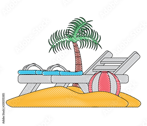 beach with seat and ball over white background, colorful design. vector illustration