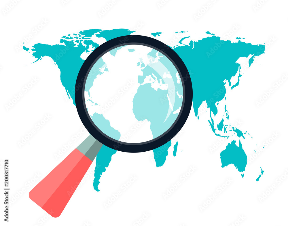 Magnifying glass on background map world Simple design style.vector illustration Magnifying glass on background map world Simple design style.vector illustration