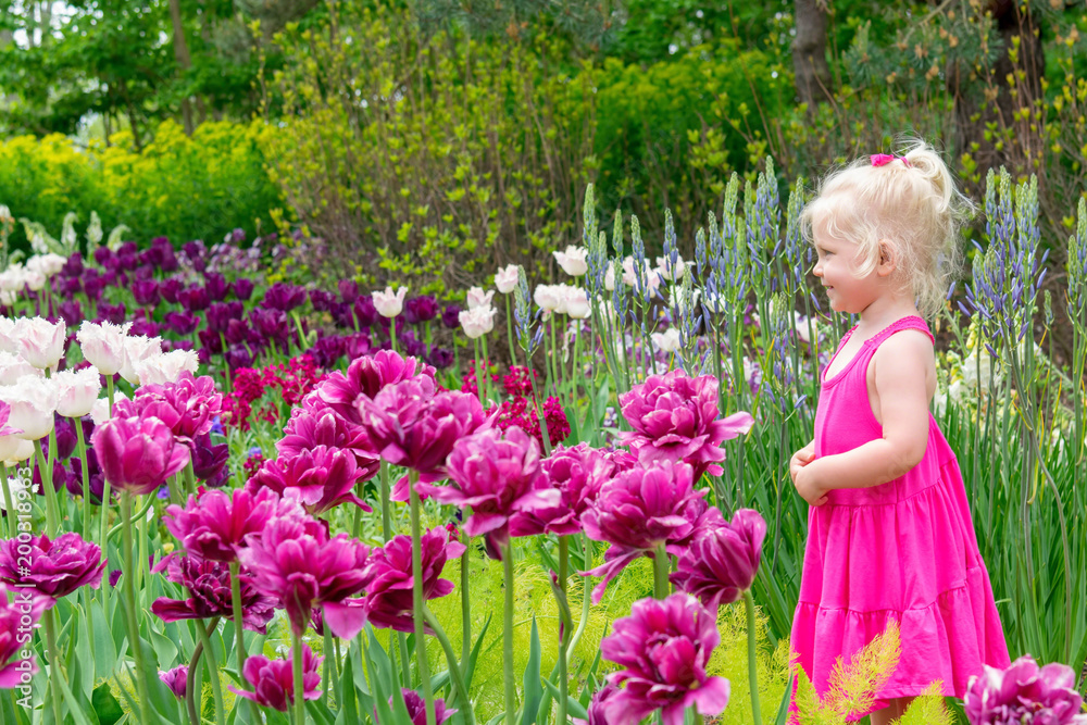 Little girl  in pink dress exploring a spring garden