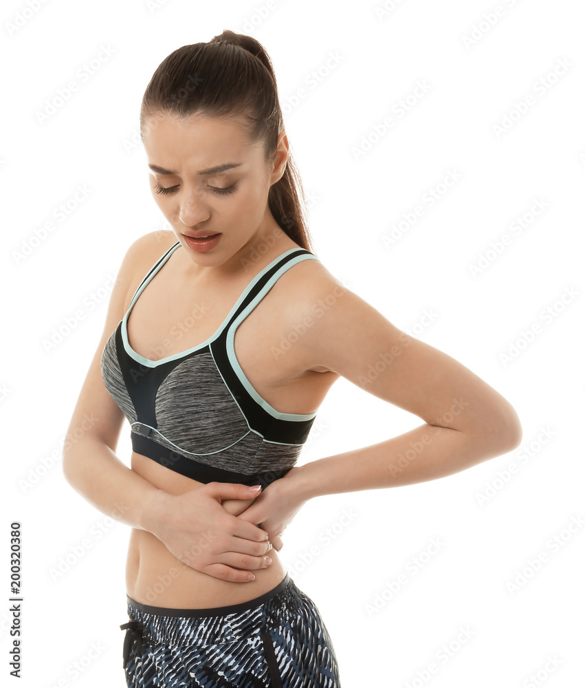 Young woman suffering from pain on white background Young woman suffering from pain on white background