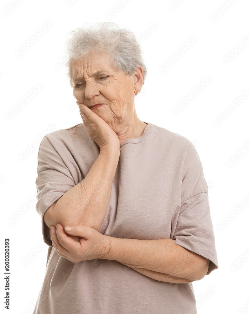 Elderly woman suffering from tooth ache on white background Elderly woman suffering from tooth ache on white background