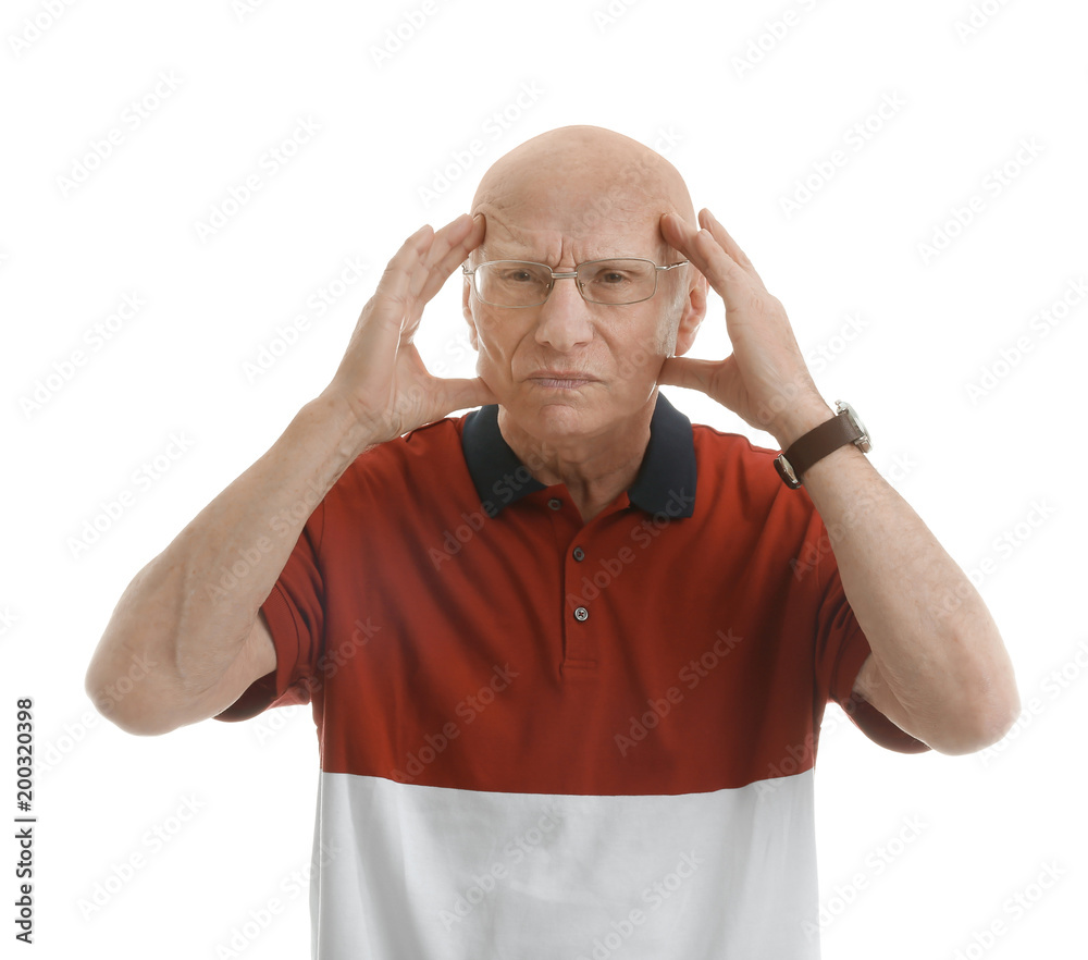 Elderly man suffering from headache on white background Elderly man suffering from headache on white background