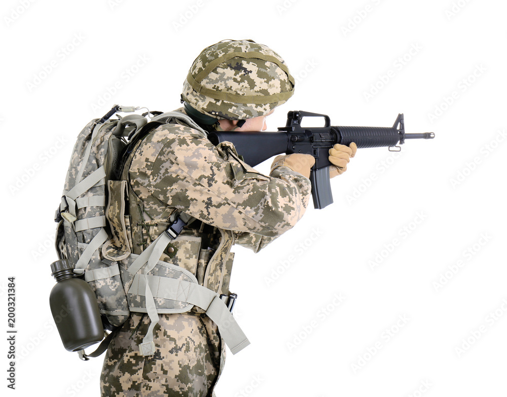 Male soldier with machine gun on white background. Military service