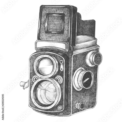 Hand drawn retro camera isolated on background