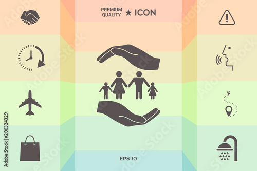 Hands holding a symbol of family. Family protect icon