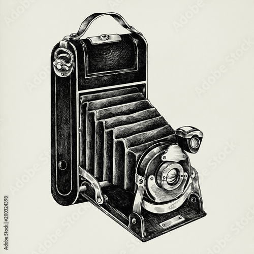 Hand drawn retro camera isolated on background