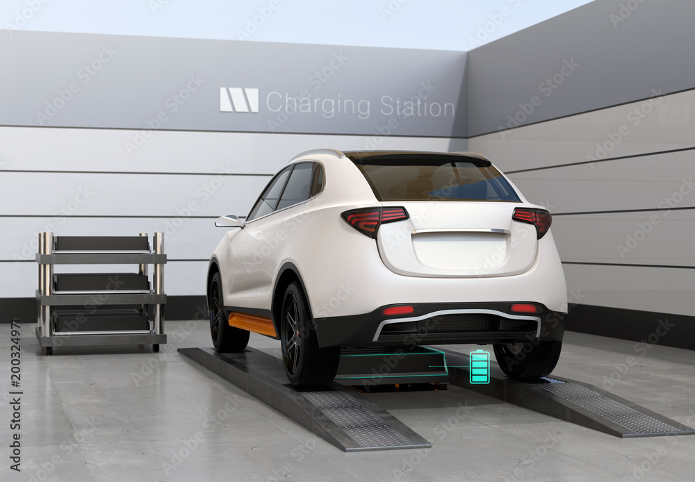 Rear view of electric SUV car exchange battery in battery swapping