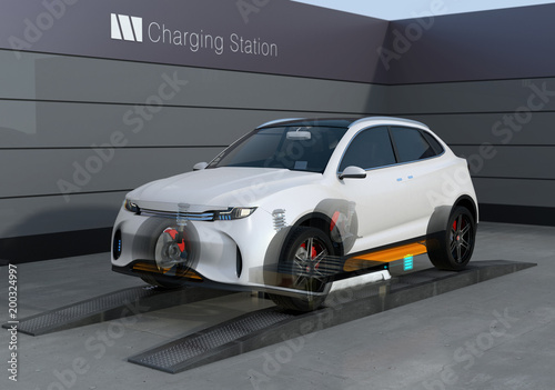 Electric SUV car exchange low battery in battery swapping station. Fast battery exchange solution.  3D rendering image. © chesky