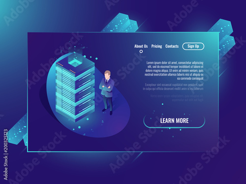 Cloud storage isometric vector concept, data center and database, server room rack, system administrator stay near server ultraviolet neon illustration