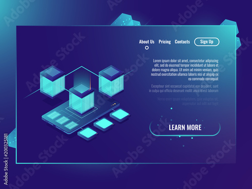 Data protection protocol concept, data center, server room, mobile phone smartphone with abstract technology illustration, eon dark gradient background