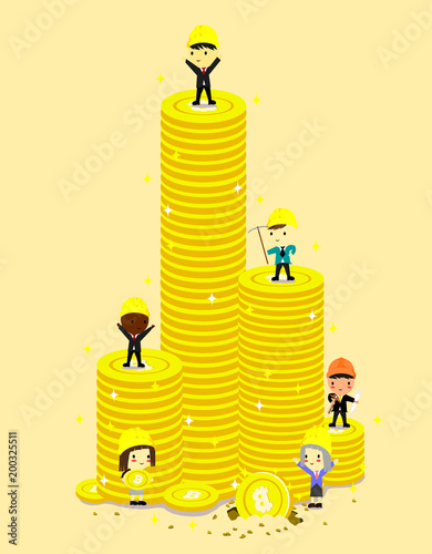 high coin tower and engineer,businessman,Crypto currency ,Cartoon Vector illustration
