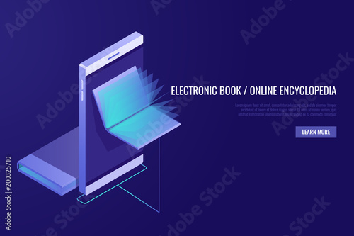 Mobile online, library. Electronic book. Online encyclopedia concept. Books in the phone display.Isometric style