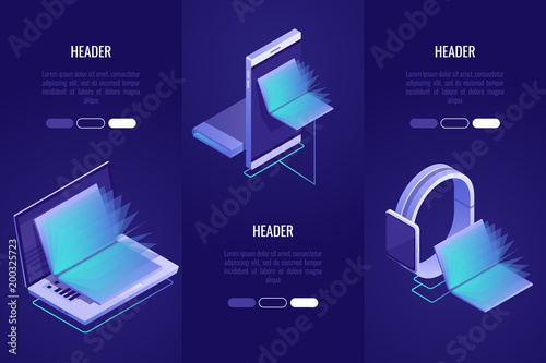Set of 3 conceptual headings. Online books shop, digital library concept. Laptop and mobile devices with books inside.Isometric style