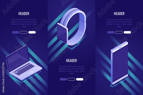 Set of 3 conceptual headings about mobile devices. Landing page template for selling mobile devices. Isometric style